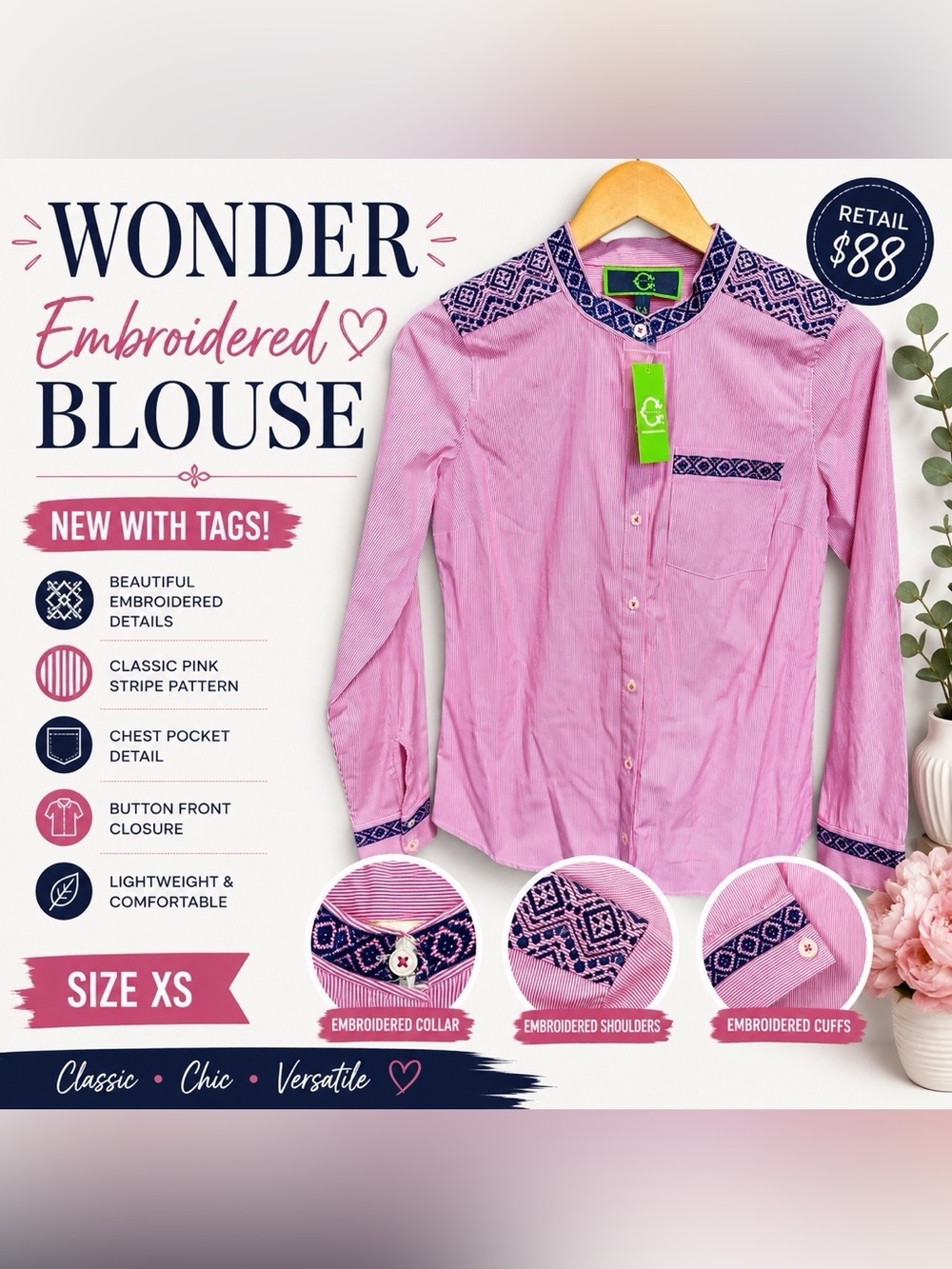 Wonder Embroidered Finesse Pink Stripe Button Front Blouse NWT XS
